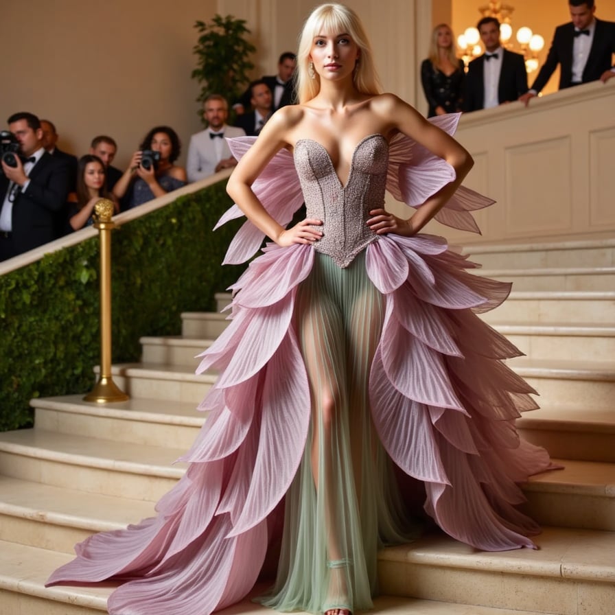 A fashion-forward woman in a floral biomechanical dress — part nature, part machine — with glowing petals and robotic limbs at the Met Gala