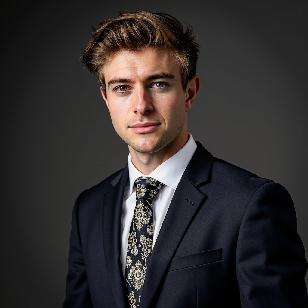 man wearing an impeccably tailored, luxurious formal suit and a complementary silk tie. The scene is set against a solid, high-contrast studio backdrop that makes the subject stand out dramatically. Photographed with professional studio lighting, HDR, creating a perfect balance of highlights and shadows that sculpt his facial features. The suit fabric shows subtle, intricate textures, and the silk tie has a delicate pattern. His hair is perfectly styled, and his expression is one of calm, confident professionalism. Hyper-detailed, sharp focus, stunning clarity.