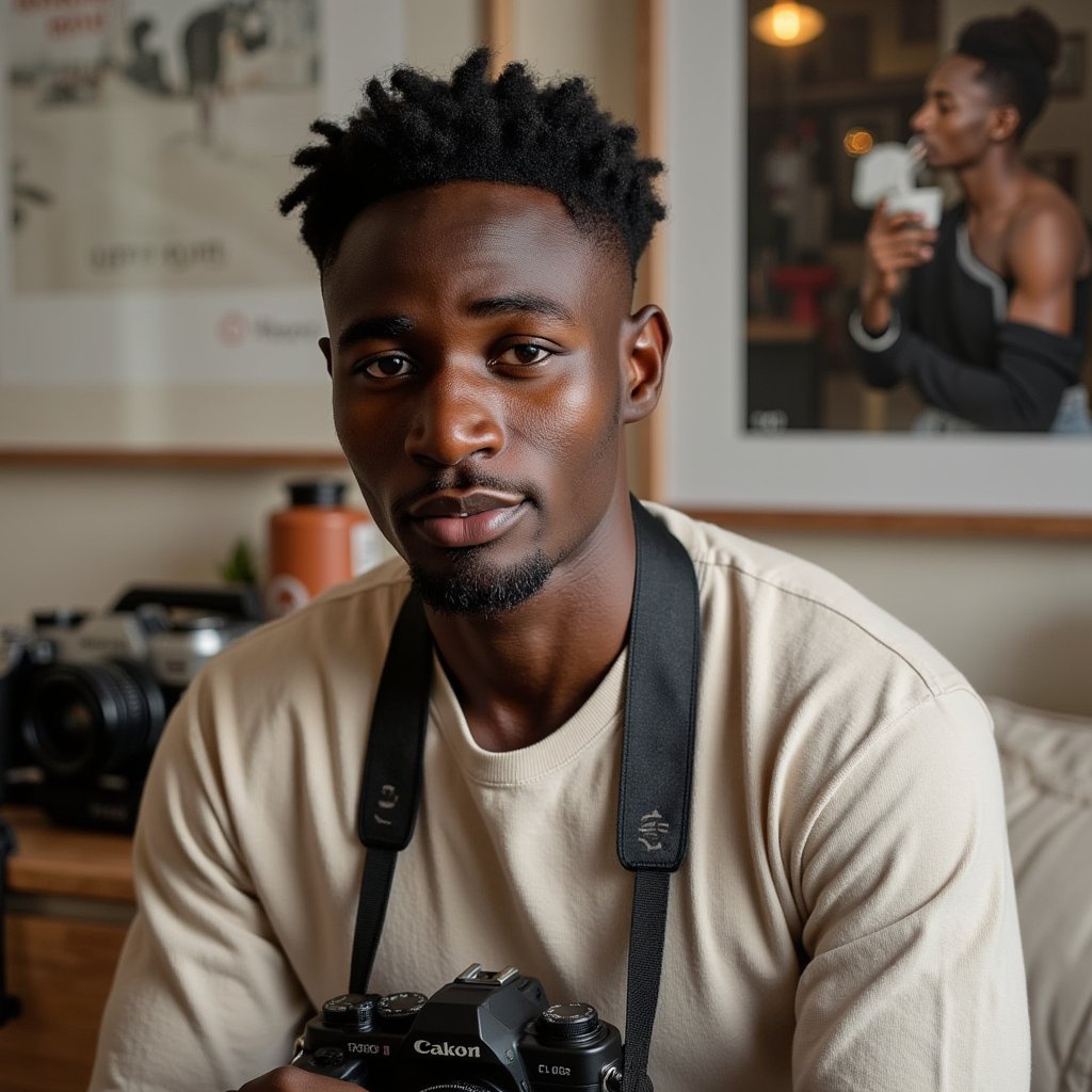 Professional creator look: male photographer with camera strap over shoulder, casual modern outfit, confident pose against neutral background