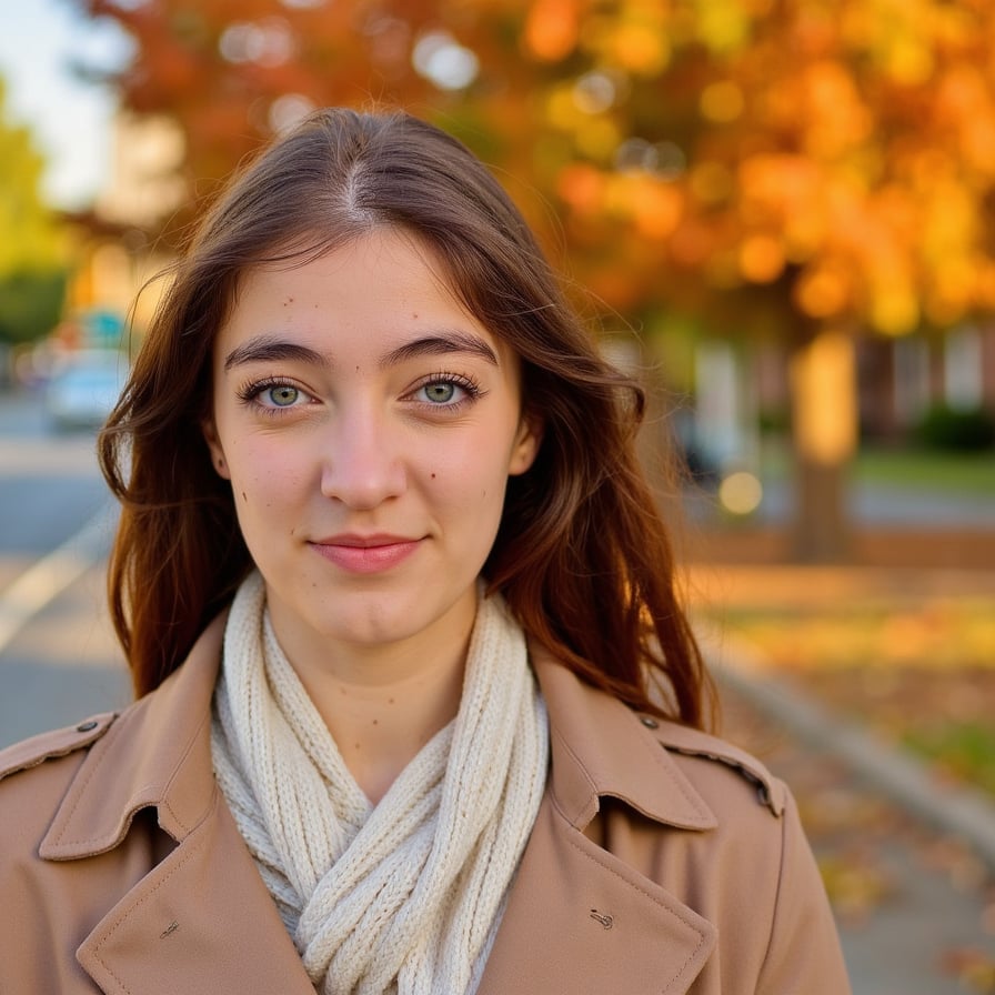 Highly detailed, highly realistic, hyperrealistic HDR close-up portrait of a woman (female, ~27 yrs) standing outdoors during late afternoon golden hour. Camera head-and-shoulders, focus tight on face, background blurred into soft amber foliage. She wears a light tan trench coat with collar folded open and a cream knit scarf wrapped loosely around her neck. Her hair is chestnut brown, soft waves catching the sun. The light creates warm rim highlights and soft bokeh flares around her silhouette. Skin texture visible with faint freckles and rosy undertones. Expression calm, gentle smile. Background purely color field of gold and rust tones — no clutter. HDR, high resolution, high quality, highly detailed, photorealistic.