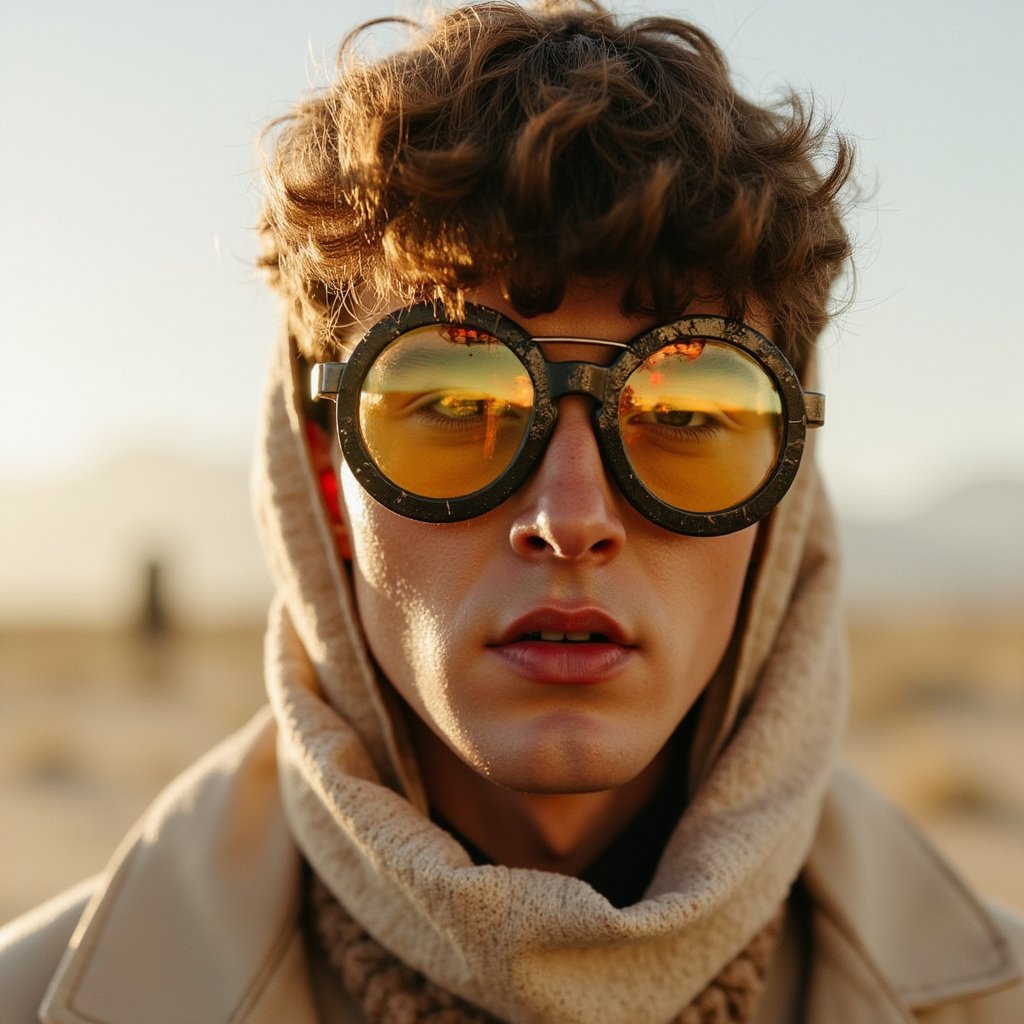 man in a striking, expressive look inspired by the spirit of Burning Man. The scene evokes the surreal, dust-filled desert with soft light flares and atmospheric haze. Accessories like layered fabrics, creative face coverings, or desert goggles enhance the visual mood. His appearance channels a bold, free-spirited energy. The lighting is cinematic and sculptural, casting deep contours and ambient shadows. Hyper-detailed, sharp focus, high contrast, ethereal tones.