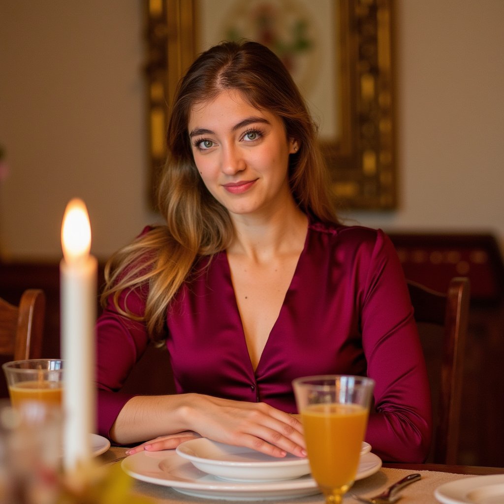 Highly detailed, highly realistic, hyperrealistic HDR portrait of a woman (female, ~34 yrs) seated waist-up at a Thanksgiving dinner table illuminated by soft candlelight. She wears a deep wine-colored satin blouse with subtle folds and sheen. Her hair is styled in gentle loose waves, falling naturally around her shoulders. The camera is at eye level, focusing sharply on her calm smile and relaxed posture, with a shallow depth of field blurring the dinner setting behind — faint shapes of plates, a flickering candle, and golden cutlery. Warm amber light from the candles creates reflections on glassware and highlights in her eyes. The atmosphere feels cozy, cinematic, and elegant. HDR, high resolution, high quality, highly detailed, photorealistic.