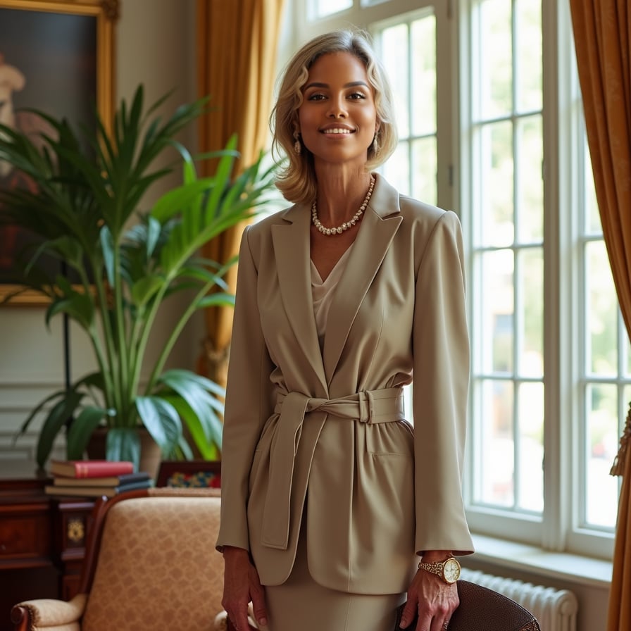 woman radiating old-money grace. She is standing near a large window with natural light streaming in, wearing a timeless outfit like a tailored blazer or a flowing gown. The background is clean and refined, with soft, luxurious textures that complement her polished look