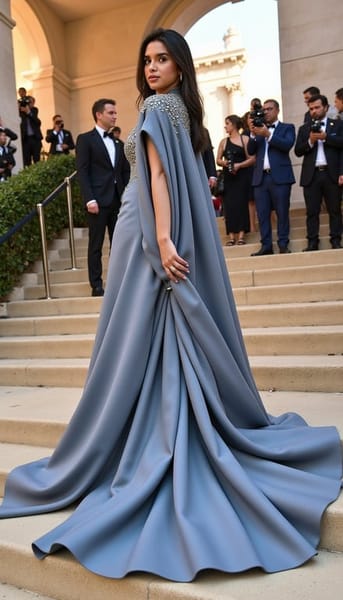 Background: actual 2026 Met Gala setting at the Metropolitan Museum of Art, grand stone steps, tan stone-garden carpet with moss-green patches, wisteria framing, warm evening gala lighting.
Model: fictional model in storm-gray and icy-blue couture inspired by a heroic museum history painting, wind-swept cape, boat-sail train, silver river-bead embroidery; standing forward with one hand holding the cape like a flag.
Camera: dramatic wide low-angle shot, cinematic red-carpet energy.