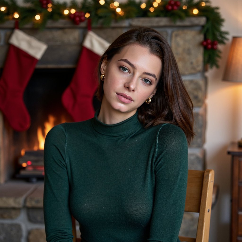 Headshot photo of a woman seated slightly angled to camera (rule-of-thirds framing, not centered), chin gently lowered, soft half-smile. She wears a deep-green cashmere turtleneck with fine ribbing and subtle pilling detail; delicate gold hoop earrings and a thin chain necklace. Hair: glossy loose waves tucked behind one ear. Makeup: warm neutral tones, soft brown liner, dewy skin, subtle highlight on cheekbones. Lighting: warm firelight key from camera-left, dim practicals in background, gentle rim light from a table lamp to separate hair from backdrop. Background: stone fireplace with a discreet garland and two matte red stockings, minimal clutter, soft bokeh fairy lights; shallow depth of field. Camera: 85mm lens, f/1.8, eye-level; highly detailed, highly realistic, HDR; skin texture natural, knits show thread grain; no motion, serene, editorial quality.