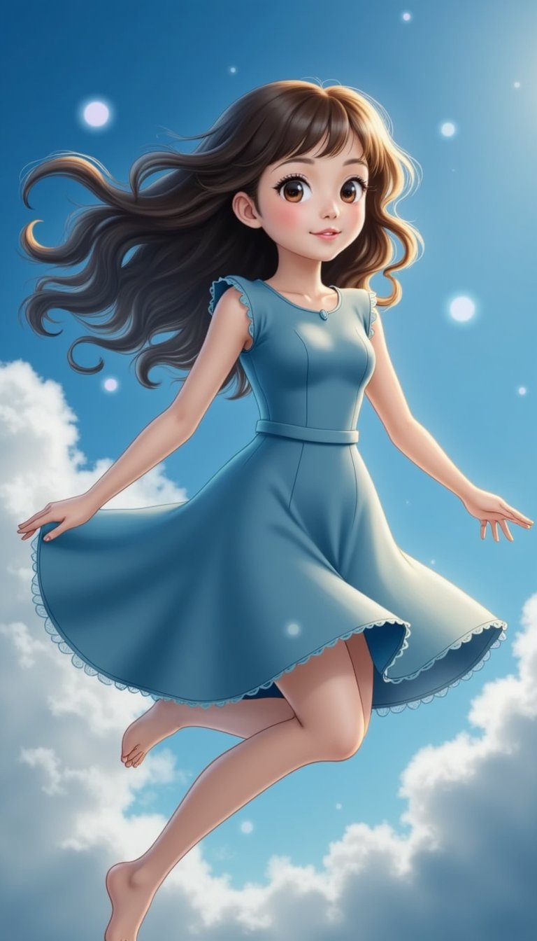 girl in a blue dress, with a gentle, serene expression, floating in mid-air, surrounded by soft, glowing orbs of light and wispy, feathery clouds, against a dreamy, sky blue background, with a subtle, gradient effect to convey a sense of weightlessness and ethereal beauty.