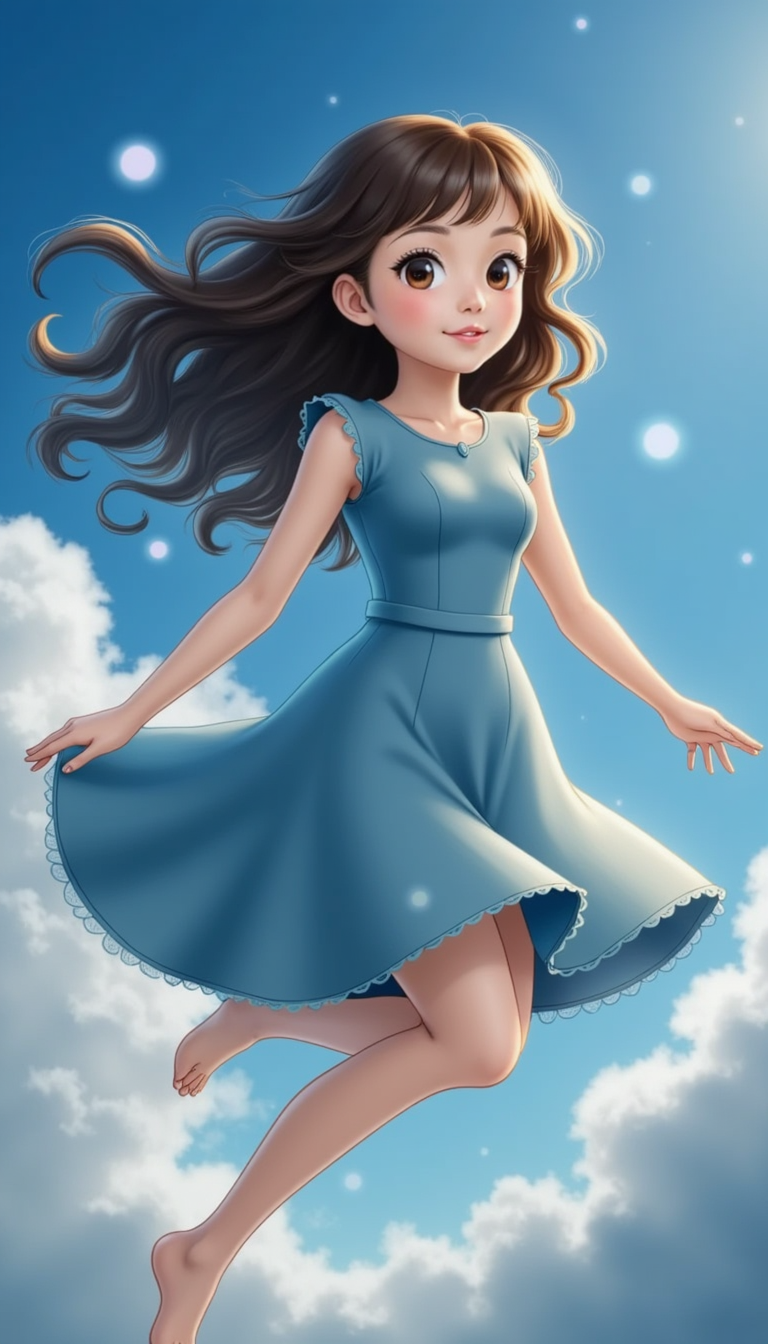 girl in a blue dress, with a gentle, serene expression, floating in mid-air, sur