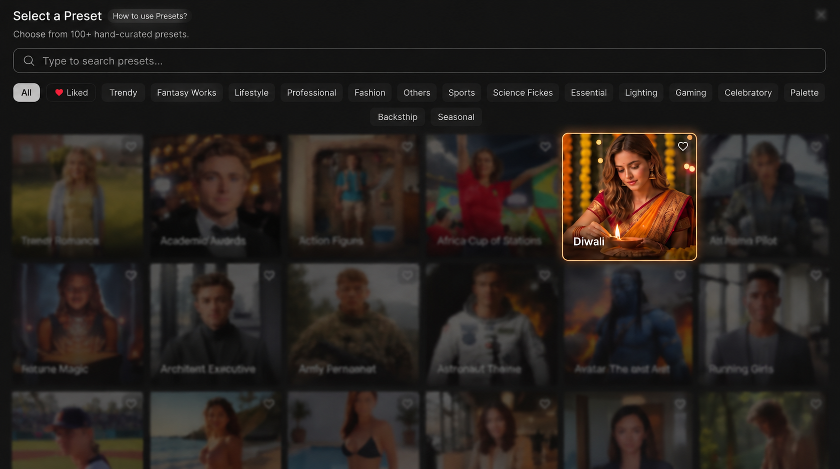 Diwali preset selection in the PhotoGPT dashboard