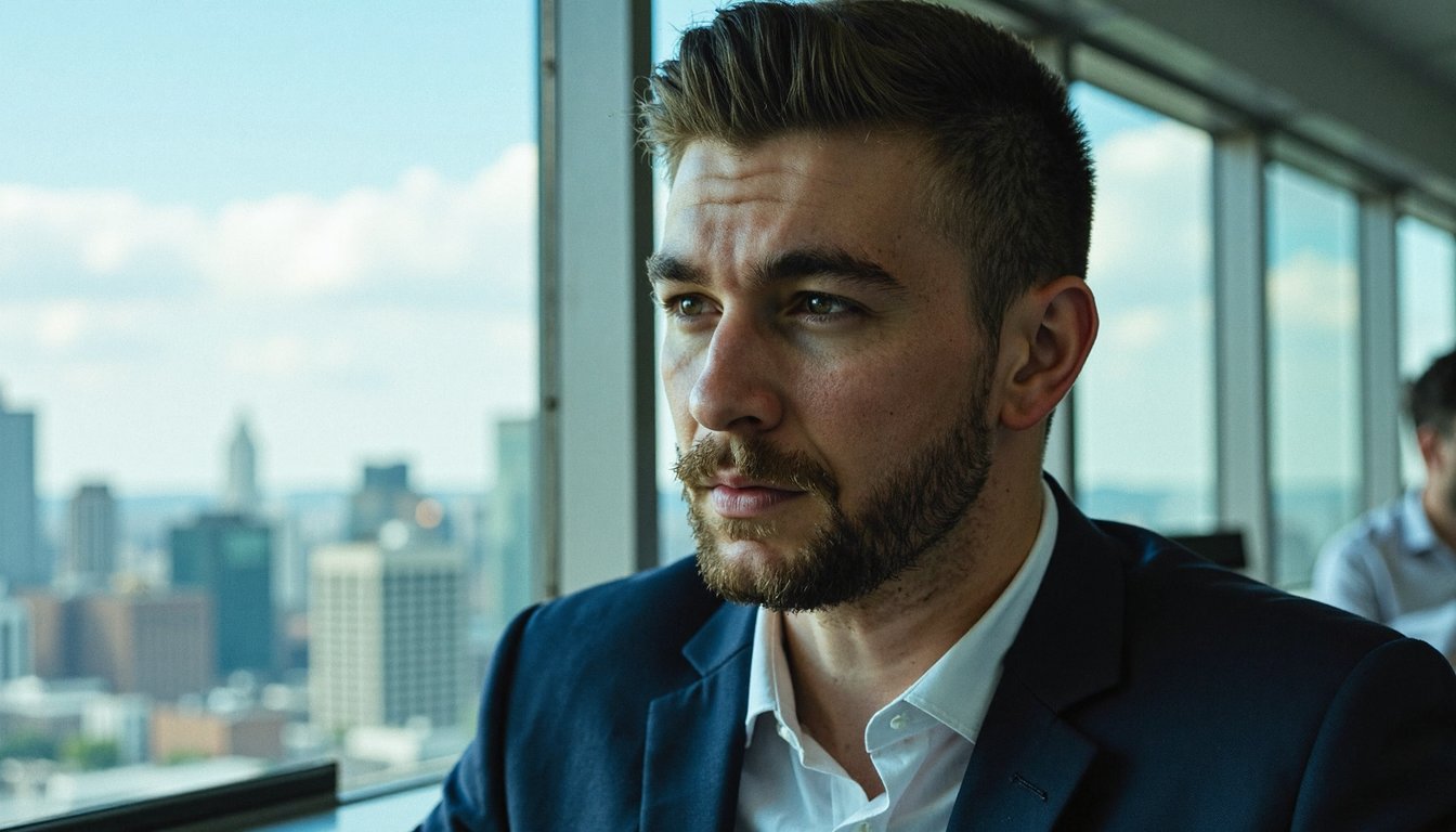 lose-up of a man in a navy suit, seated by a large window in a modern high-rise office, natural daylight hitting one side of his face, clean shave, calm and focused expression, background blur of a city skyline, cinematic tone, ultra-realistic, 16:9