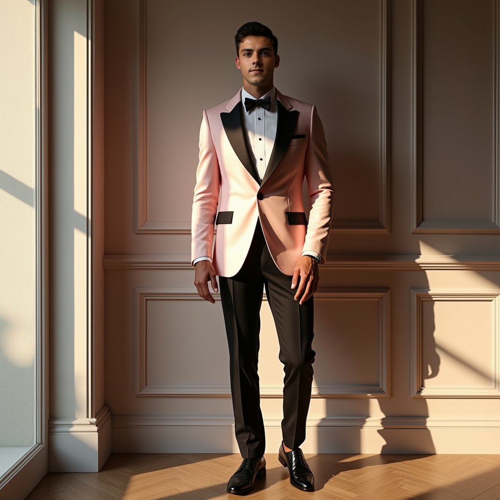 Man in bold tuxedo, luxurious home, soft sidelight.