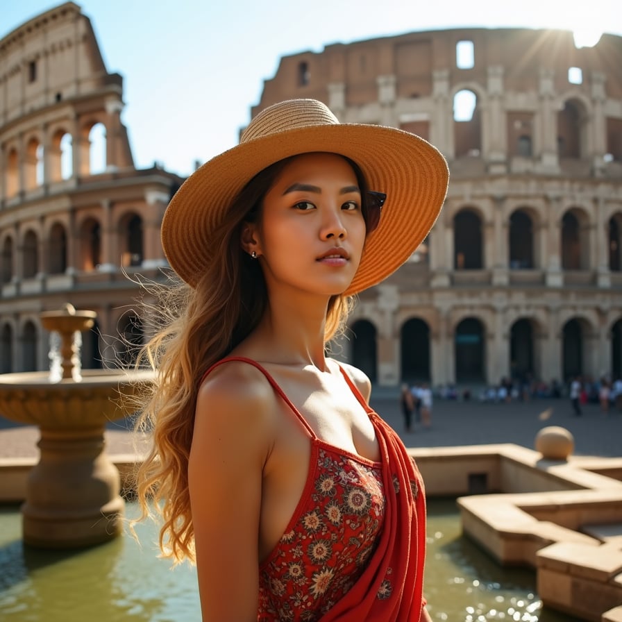 woman in ancient Roman attire, standing in front of the iconic Colosseum, surrounded by crumbling ancient stones and vibrant Roman architecture, warm sunlight casting a golden glow on her face, with a gentle breeze blowing through her hair.