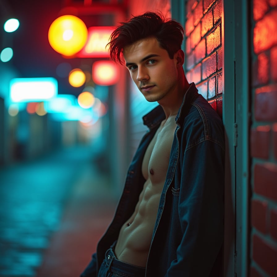 man that highlights his unique style and aesthetic. He is wearing a casual yet trendy outfit, with soft tones and dynamic lighting adding depth. The look should be expressive and appealing, reflecting individuality and approachability