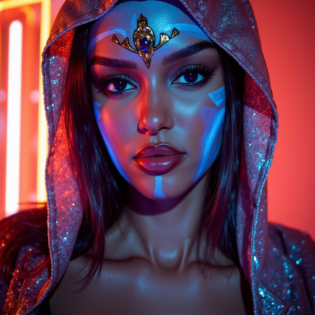 Headshot of a serene woman bathed in neon light, wearing a metallic hood and tribal markings, desert night ambiance, captured at Burning Man 2025