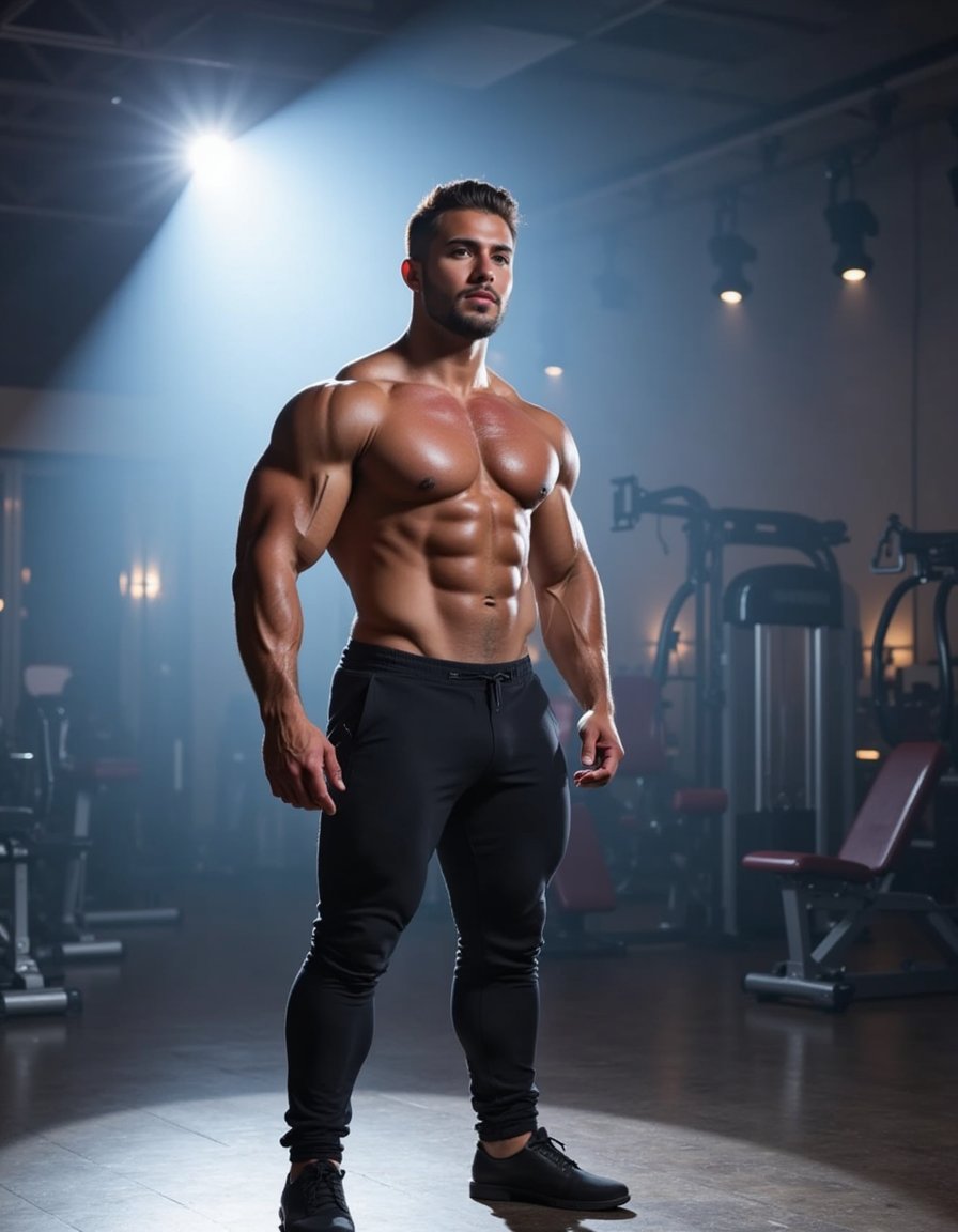 In the foreground, a powerfully built bodybuilder stands confidently on a stage under a single spotlight, his muscles gleaming with definition.  Highlighting the intricate details of his striated muscles, the light casts sharp shadows across his physique. Behind him, a dimly lit area suggests the rest of the stage and a hushed audience.  


