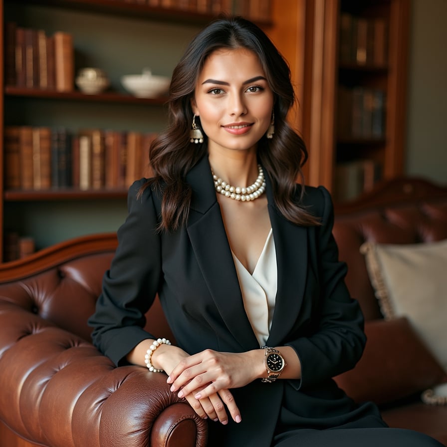 woman in a clean, modern setting. She is styled in a classic blouse or tailored outfit, with understated jewelry and natural makeup. The lighting is soft, with a warm glow that enhances her features and highlights her elegance
