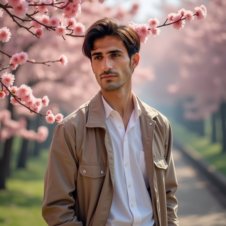 Man surrounded by gently falling sakura blossoms, wearing a casual yet elegant attire, gentle smile, soft focus, warm pastel hues, serene natural lighting, calm atmosphere, tranquil expression, standing in a serene Japanese garden, with a subtle mist in the background