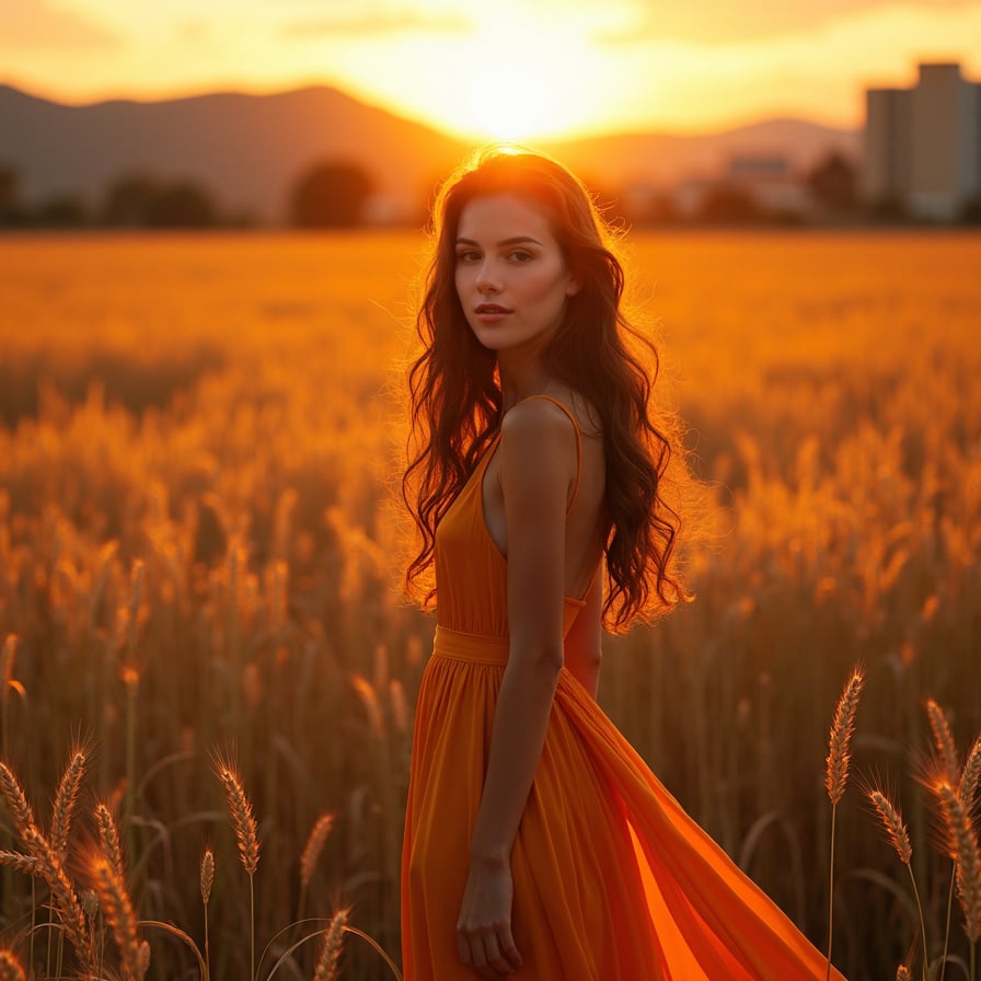 woman in a flowing, golden-hued maxi dress, standing in a vast, sun-kissed wheat field during the golden hour, facing the camera with a soft, serene, ethereal expression, surrounded by a warm, glowing atmosphere, with the sun setting behind distant hills, her long hair bathed in soft, warm sunlight, amidst a cinematic blur of soft bokeh in the background, emphasizing a dreamy, romantic ambiance, with vibrant, golden hues.