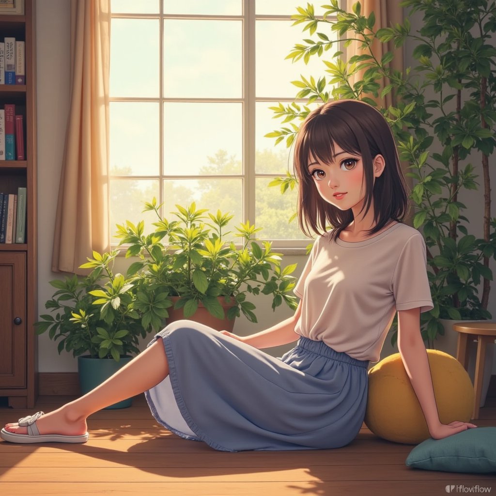 Medium to wide shot of a woman, relaxed pose, front camera perspective. Styled in Studio Ghibli’s signature anime look with soft colors, painterly details, and subtle facial expressions. The overall vibe is cozy, storybook-like, and reminiscent of classic animated films.