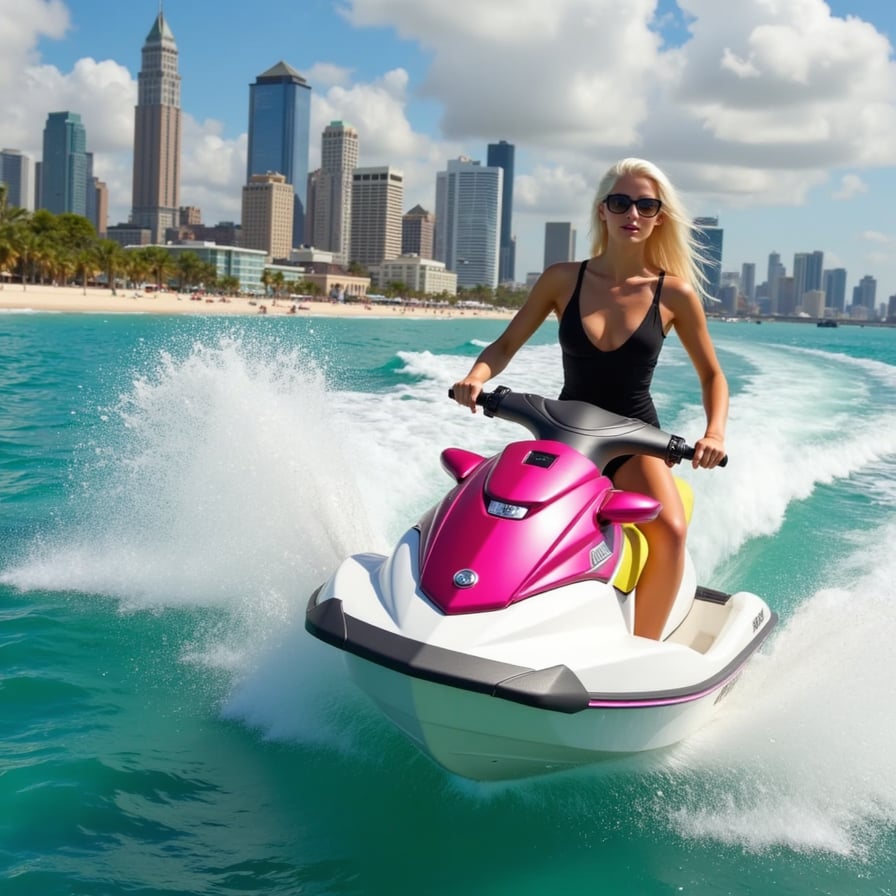A high-action scene featuring a character on a jetski slicing through turquoise waters. Stylized water splashes arc into the air with cinematic clarity, while reflective highlights shimmer across the wet surface. Every droplet is rendered in motion, with dynamic lighting capturing the force and fluidity of high-speed movement. Inspired by Rockstar Games — Vice City style.