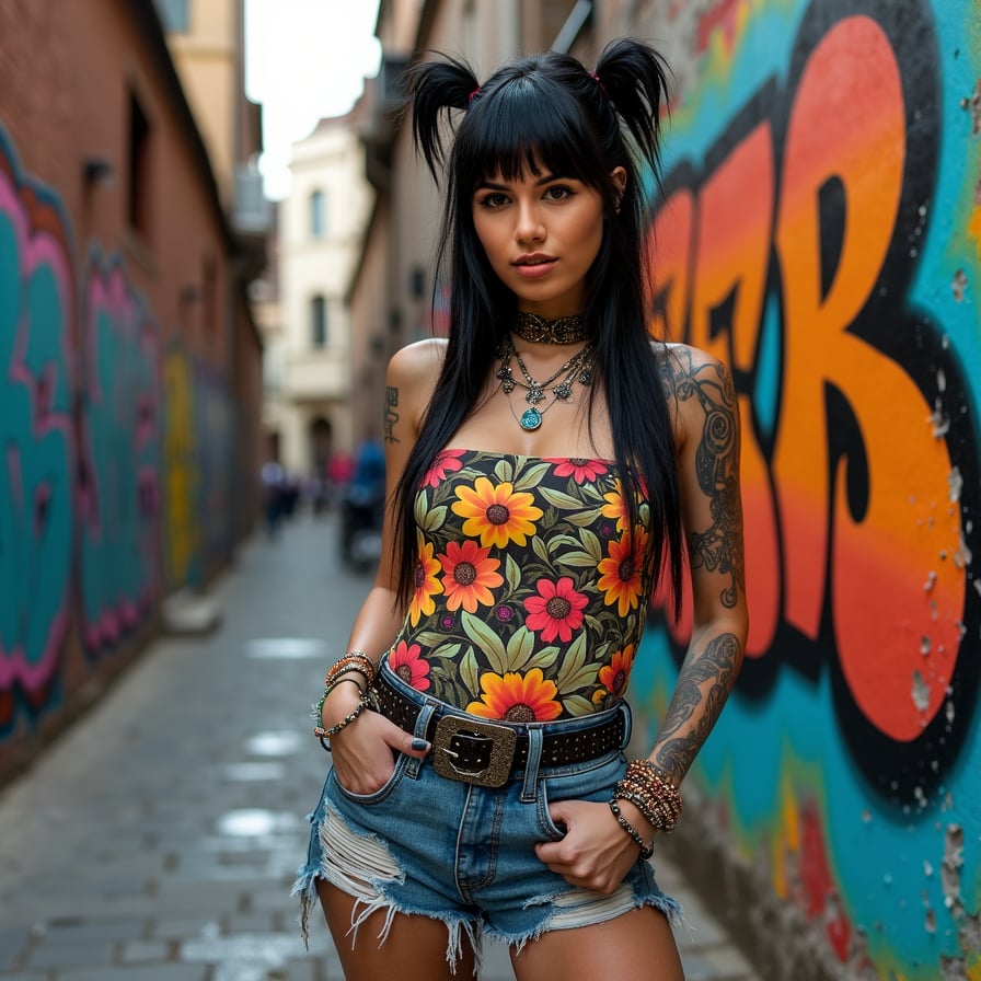 woman in a vibrant, eclectic street style dress with bold prints and bright colors, statement accessories, posing confidently against a gritty urban backdrop with graffiti-covered walls and trendy street art.