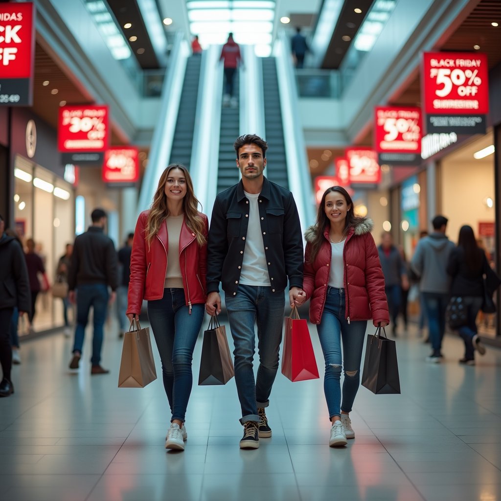 A  man walking confidently in a bustling shopping mall, holding several shopping bags. He is accompanied by either his close-knit family or a glamorous girlfriend dressed in trendy outfits. The scene includes a vibrant and modern interior with escalators in the background, and bright promotional banners advertising Black Friday sales. Prominent advertisements display offers like 'Puma: 30% OFF' and 'Adidas: 40% Discount,' creating a lively and energetic shopping environment