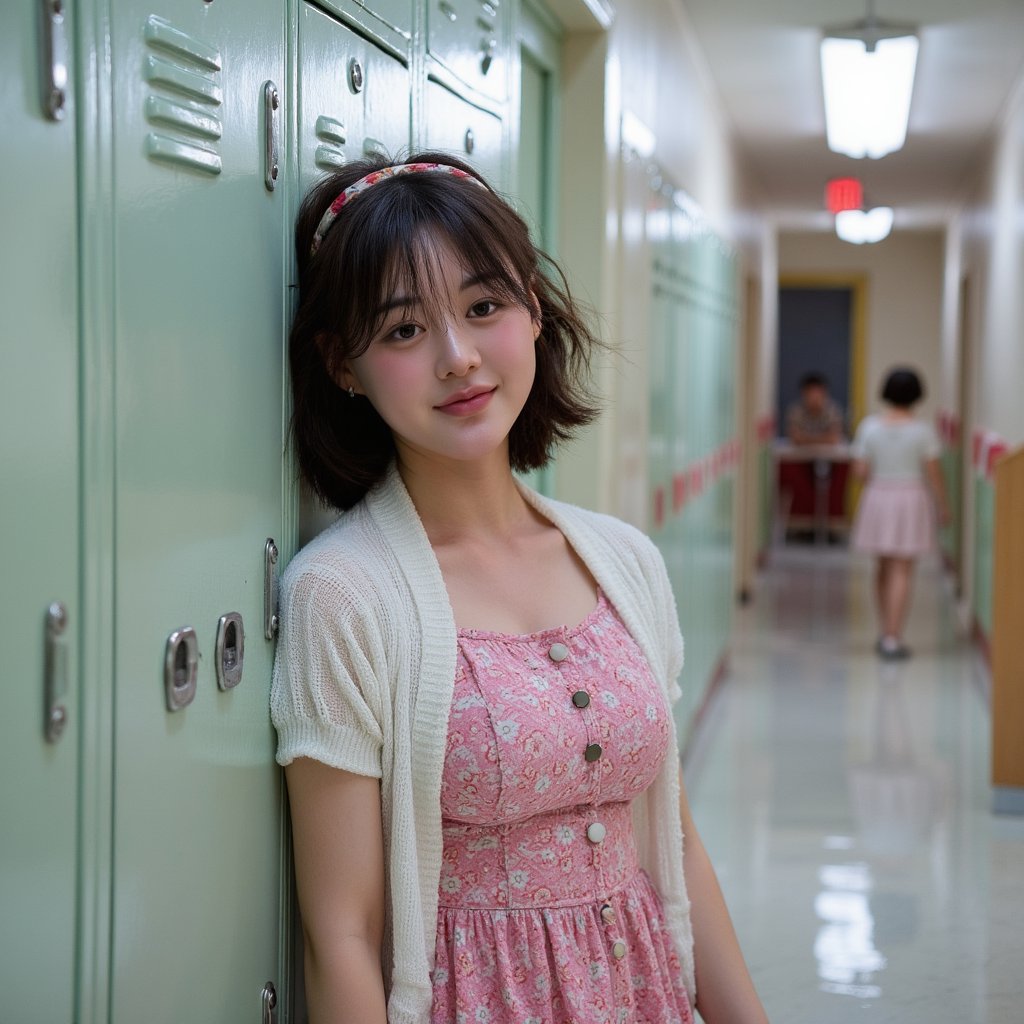 Realistic 1960s hallway portrait of a teen girl leaning into her locker with a relaxed smile, captured with a 28mm lens for subtle environment distortion. She wears a short-sleeved knee-length cotton dress in a floral pattern of pink and white, with a cinched waist and decorative buttons down the front. Fabric creases realistically at her bent elbow and side. A white cardigan hangs loosely over her shoulders, its thin knit revealing faint pilling at the cuffs and fine ribbing near the neckline. Her hair is styled in a curled bob with a small fabric headband, bangs trimmed straight across the forehead. Her cheeks show dimples as she smiles, lips with a slight gloss. Skin texture includes faint under-eye shadows and a soft flush. Light from a high overhead fluorescent casts a natural downward gradient, making the contours of her face more defined. Lockers behind her are painted faded mint green, with scuff marks, stickers, and light reflections blurred into an abstract wash.