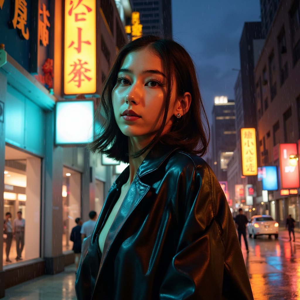 A cinematic neo-noir portrait of a woman (late 20s) standing under light rain at night, tight head-and-shoulders close-up, camera slightly below eye level for subtle power. She has wet, wavy shoulder-length hair with a few strands stuck to her cheek, natural skin texture with visible pores, faint under-eye texture, and a calm, intense gaze looking just past the lens. Wardrobe: black leather trench coat with realistic creases, subtle water droplets beading on the surface, inner collar lined with dark satin. Lighting: single strong neon sign key light from camera-left (cool tone), soft warm rim light from behind, rain catching highlights; background is a blurred city street with bokeh signage and minimal shapes only, no readable text. Camera: 85mm lens, f/1.8, shallow depth of field, gentle film-grain feel, crisp eyelashes, sharp catchlights, realistic color separation. Mood: slick, dramatic, quiet tension. Highly detailed, highly realistic, HDR quality, cinematic color grading, minimal background clutter.