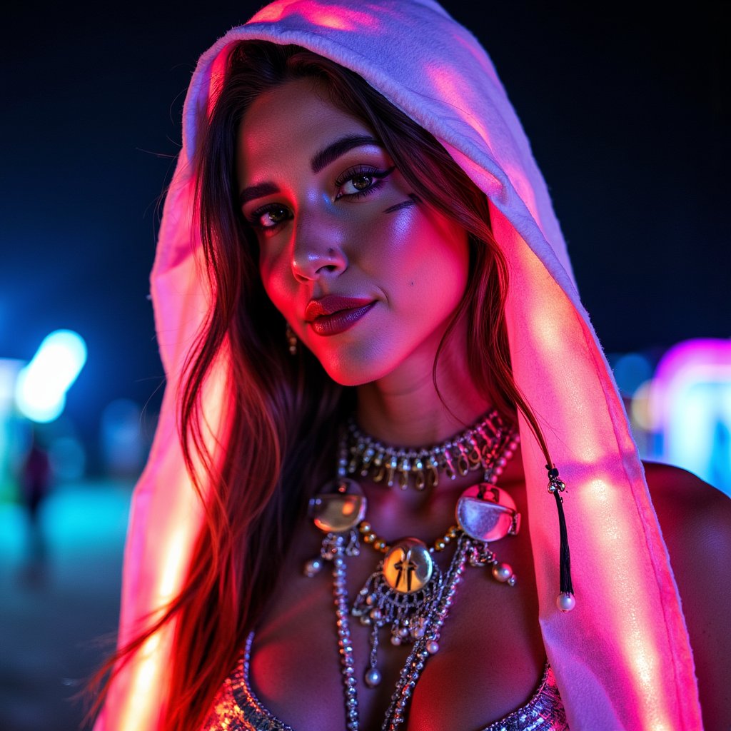 Headshot of a serene woman bathed in neon light, wearing a metallic hood and tribal markings, desert night ambiance, captured at Burning Man 2025