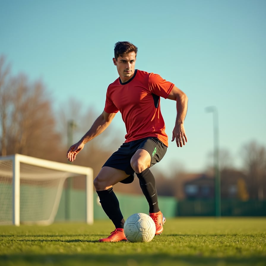 man in athletic wear, focused expression, expertly dribbling a football, poised in a dynamic stance on a lush green field under a clear blue sky.