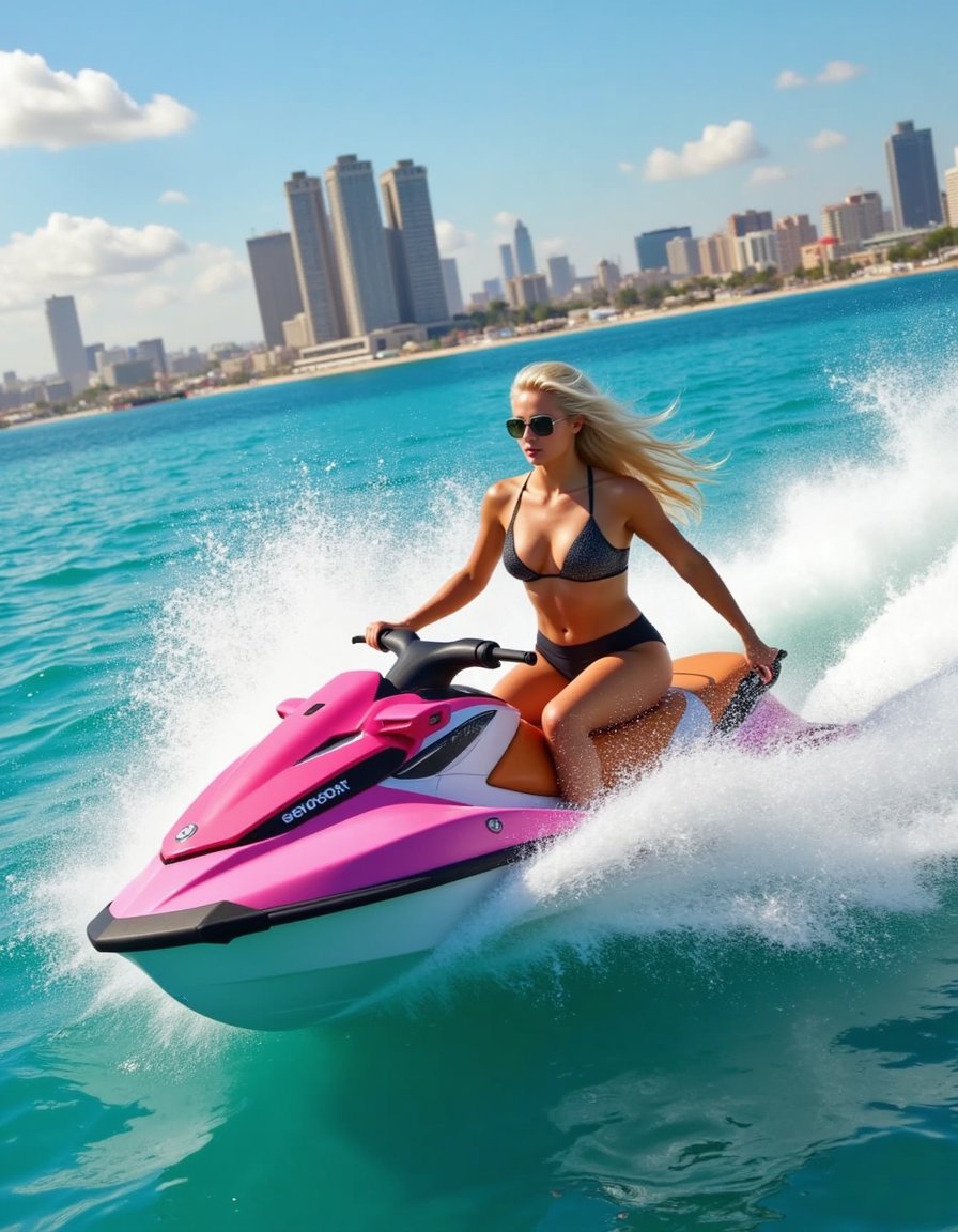 A high-action scene featuring a character on a jetski slicing through turquoise waters. Stylized water splashes arc into the air with cinematic clarity, while reflective highlights shimmer across the wet surface. Every droplet is rendered in motion, with dynamic lighting capturing the force and fluidity of high-speed movement. 