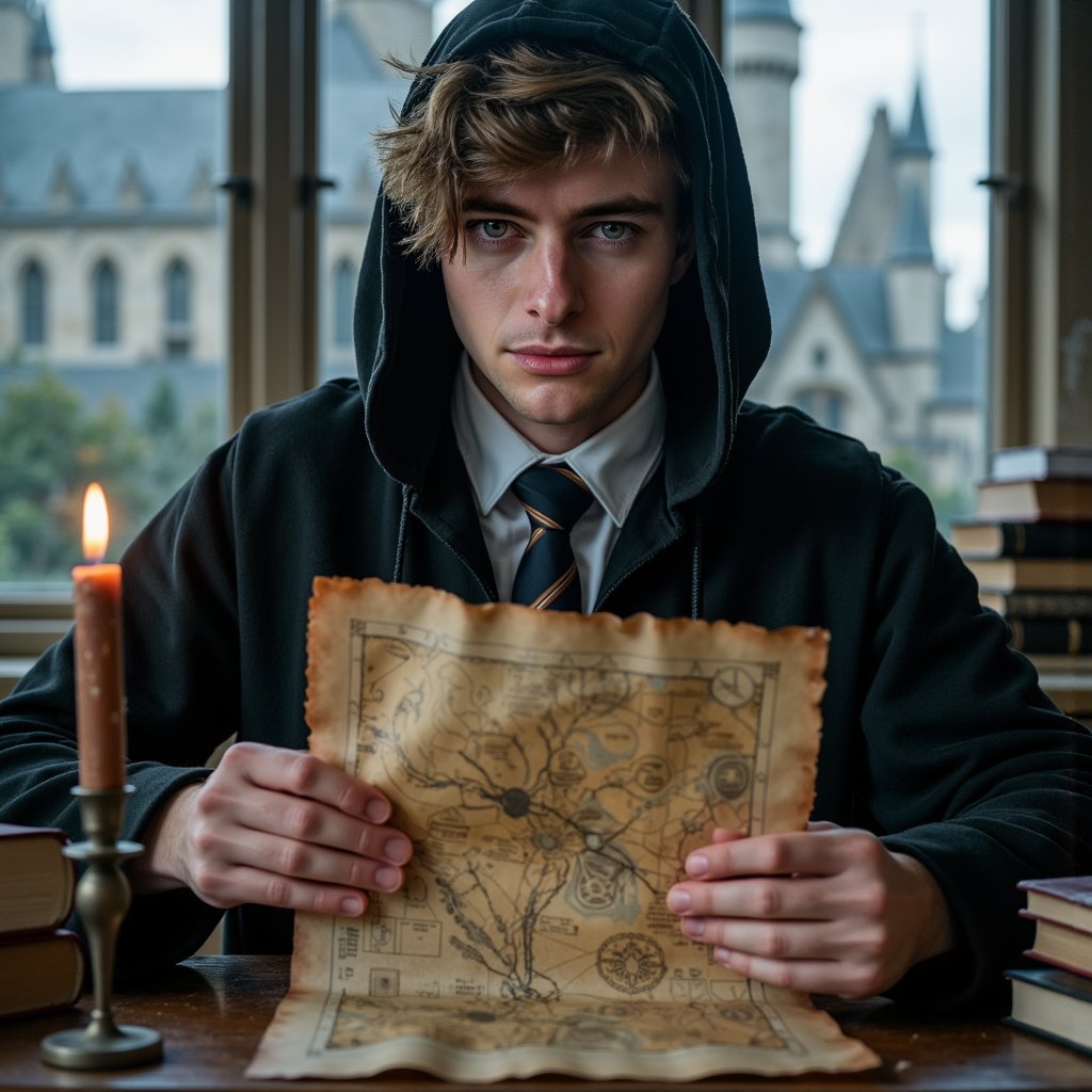 Hyper-realistic HDR close-up of a 17-year-old male Hogwarts student with pale skin, faint blue undertones under eyes from dim lighting, and an intense, focused gaze. Dark brown hair with a slight wave falling partially over his forehead, matte texture. Wearing a deep-black hooded robe pulled forward to shadow the upper face, only the tip of the nose and mouth fully lit. Pose: seated at a wooden desk, both hands delicately unfolding an aged parchment Marauder’s Map (visible creases, fiber texture, faint sepia ink). Camera: Nikon Z8, 85mm f/1.8 prime, aperture f/1.8, camera at slightly above hand height for immersive tabletop perspective. Lighting: single warm candle key light (2800K) to left casting deep, directional shadows across hands and parchment; subtle secondary cool fill (5600K) from unseen window gives slight edge highlight to hood; flame flicker creates moving micro-shadows across knuckles and page folds. Background: deep black vignette with barely visible shapes of stacked books, ensuring full focus on subject and map.