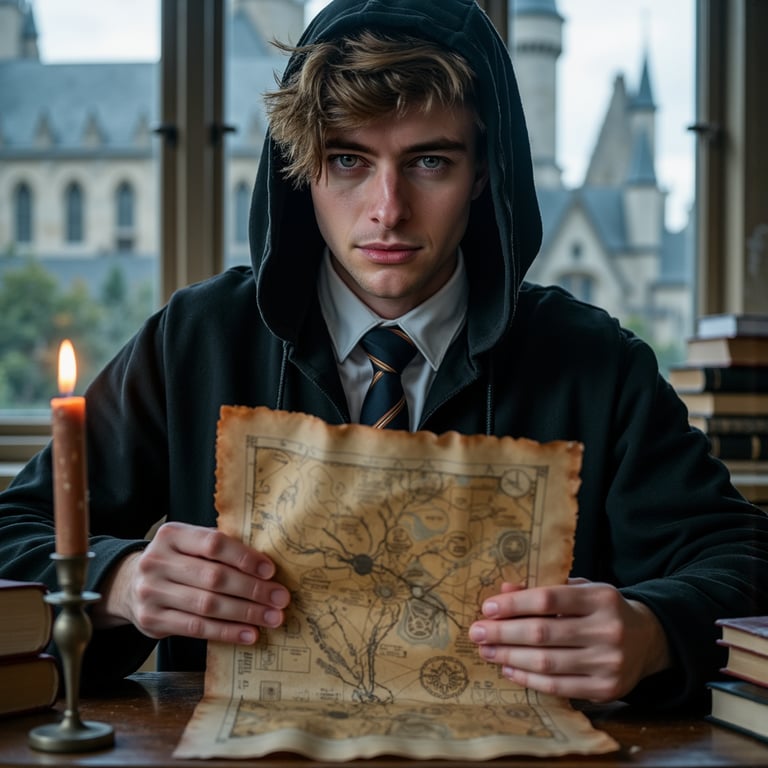 Hyper-realistic HDR close-up of a 17-year-old male Hogwarts student with pale sk