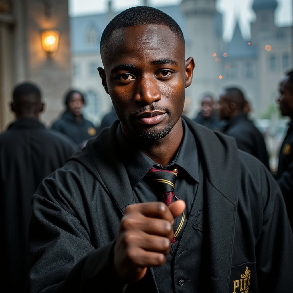 Hyper-realistic HDR waist-level close-up of a 17-year-old male Hogwarts student with medium olive skin tone, furrowed brows, and tense jawline in mid-duel. Black wool Hogwarts robe with silk inner lining whipping outward from movement, inner stitches visible; wand hand in sharp focus showing veins, calloused knuckles, and faint scar on index finger. Opponent’s wand tip visible from the opposite side, sparks frozen mid-air between them, each spark glowing with faint motion trails. Pose: body angled forward, wand arm extended with strong grip, feet braced apart (lower body cropped). Camera: Sony A7R IV, 85mm f/2.2 lens, aperture f/2.2, camera positioned just below waist height for dynamic angle. Lighting: high-contrast indoor duel hall lighting — strong warm spotlight from above-left (3200K) illuminating sparks and arm, subtle cool fill (5600K) from opposite side to balance; faint backlight to highlight wand arm silhouette. Background: blurred stone floor and faint shadow shapes of other duel participants, minimal clutter to keep focus on clash.
