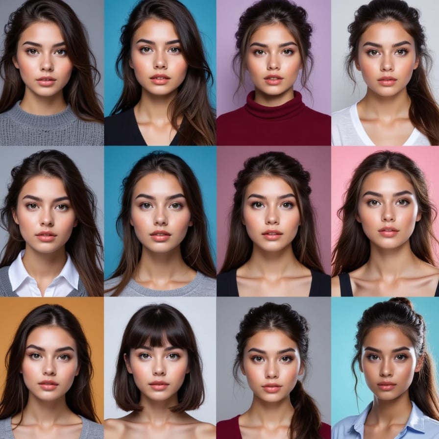 Grid of diverse AI-generated portraits with different aesthetics: studio headshot, fantasy, anime, cyberpunk, minimal, professional, side-by-side layout, clean design


