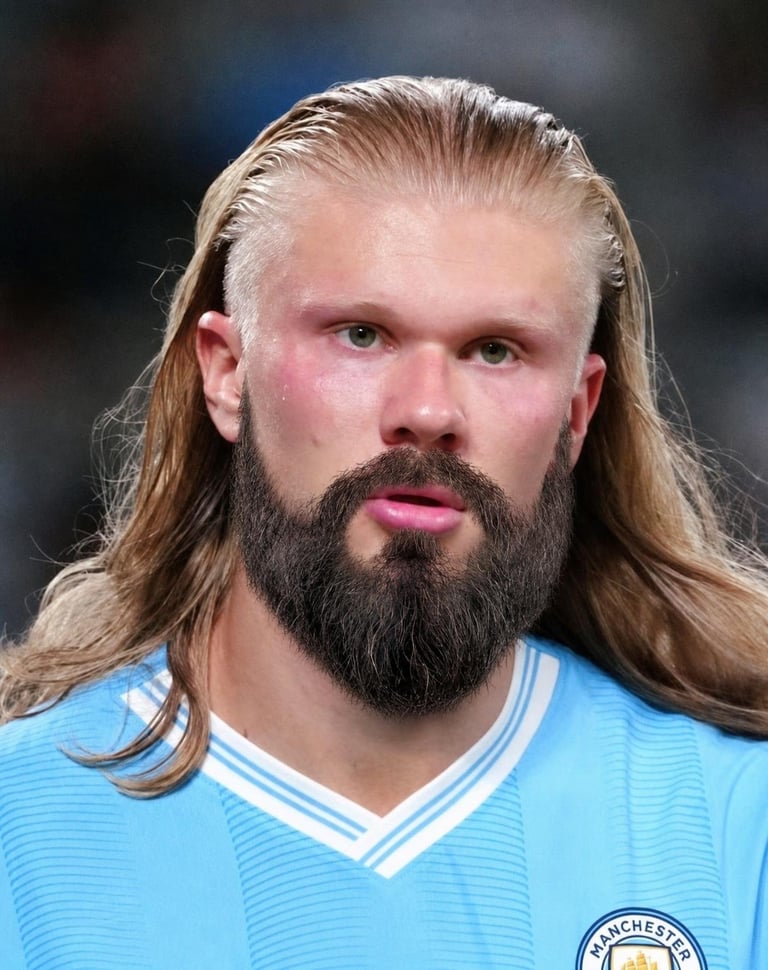 Use Image 1 as the base image of Erling Haaland and Image 2 as the beard referen