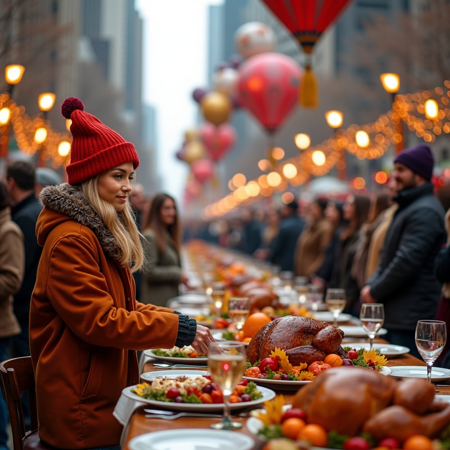 A bustling Thanksgiving parade in a city setting, with crowds lining the streets, cheering and taking photos. Large, colorful helium balloons shaped like famous cartoon characters and animals float high above, casting shadows over the spectators. Elaborate, themed floats roll down the avenue, decorated with autumn leaves, pumpkins, and vibrant seasonal colors. Marching bands in uniform play lively music, while dancers in festive costumes perform routines. Street lights are decorated with seasonal garlands, and families are bundled up in coats and scarves, smiling and enjoying the festive scene. In the background, tall city buildings rise, and a sense of excitement fills the air as Santa Claus arrives on the final float, signaling the start of the holiday season.