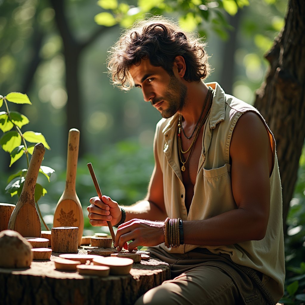 man with rugged, earthy attire, carving intricate designs on wooden objects from tree barks, surrounded by lush greenery in a serene forest setting, soft, warm sunlight filtering through the trees, emphasizing the connection with nature.