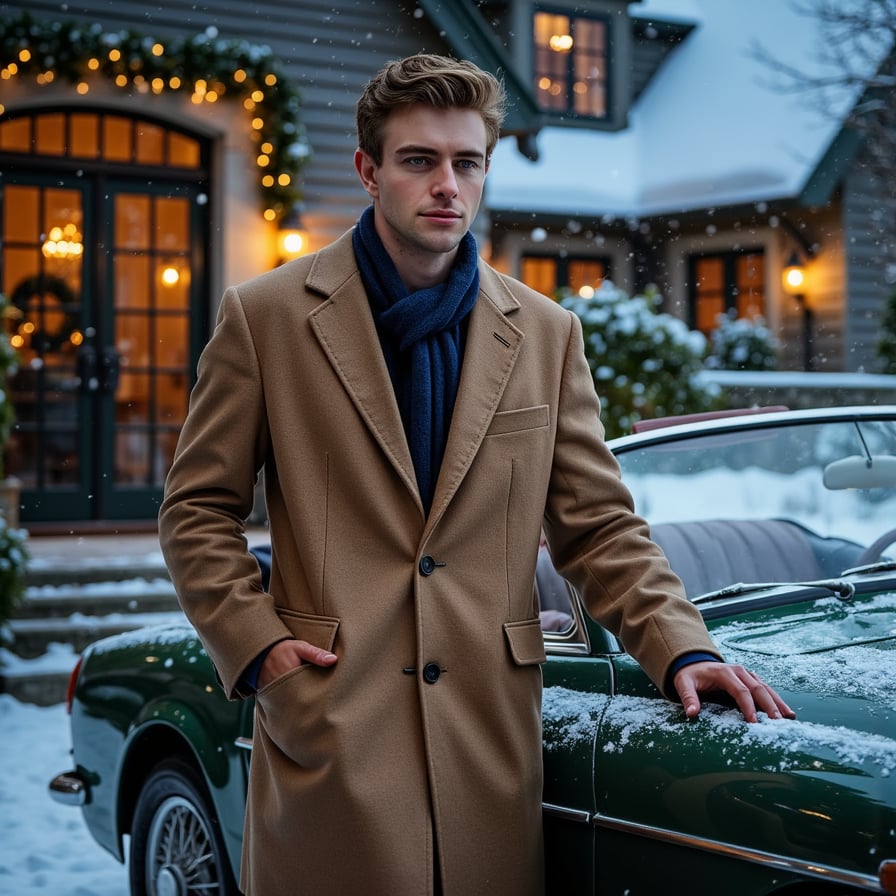 Man leaning against a deep-green vintage convertible parked near a pine-lined driveway, subtle snowfall. Hairstyle: slicked back with matte finish, short beard trimmed. Attire: camel wool coat, navy cashmere scarf, leather driving gloves. Fabric details: crisp wool texture, fine cashmere fibers, glove patina. Camera: slightly low angle, 35mm, f/2.0 for cinematic perspective. Lighting: cool blue dusk ambient + warm reflection from nearby holiday lights. Background: blurred evergreen garlands wrapped around lampposts, faint glow of mansion windows. Pose: relaxed, one hand in pocket, the other on car edge. Render: highly detailed, highly realistic, HDR; reflections visible on coat buttons and car chrome.