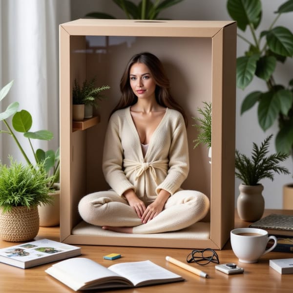 Woman sitting cross-legged in the box, cozy cardigan, surrounded by plants, books, glasses, tea mug
