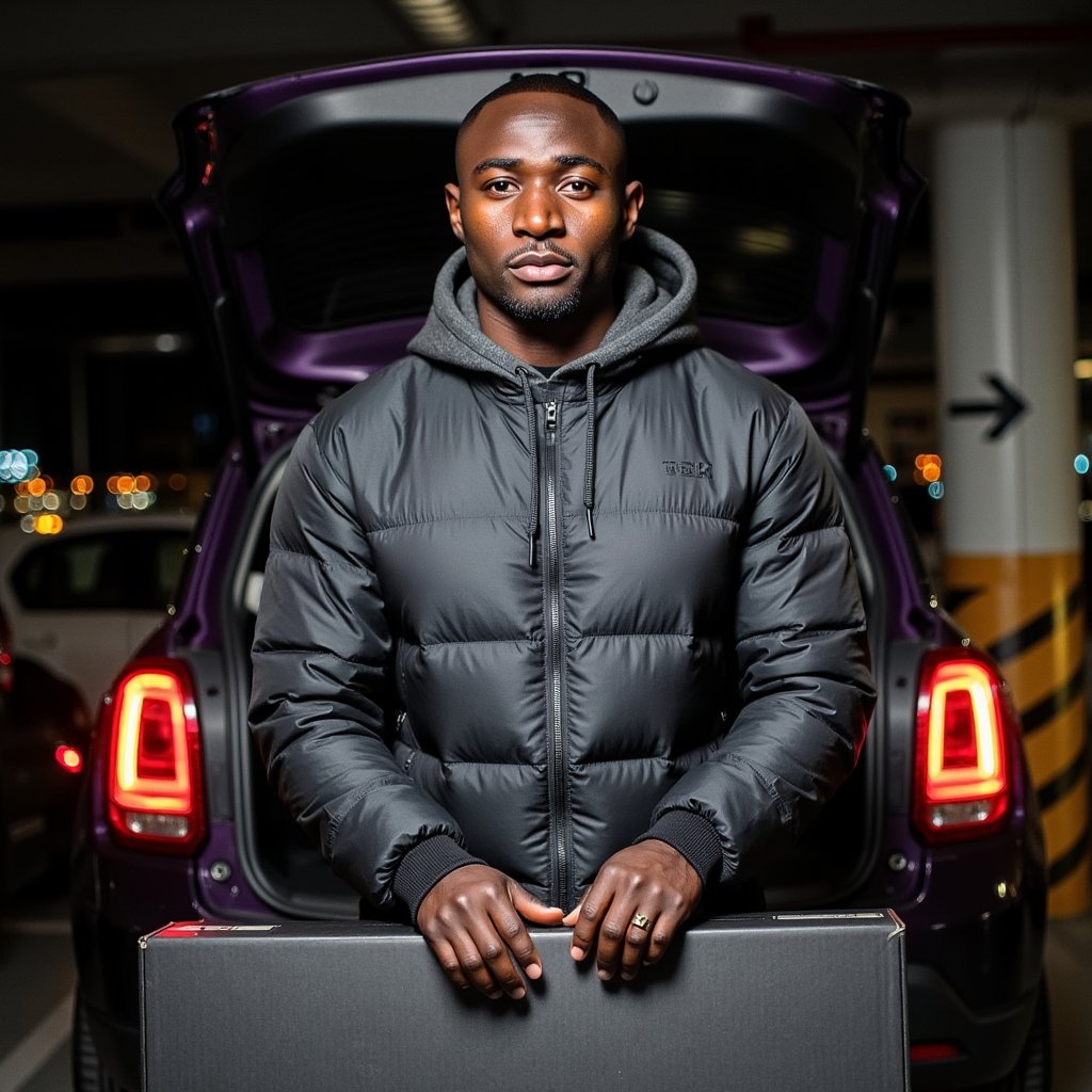 A man (male) waist-up at an open trunk in a dim parking garage, hands resting on a matte black shipping box with a discrete barcode label. Hairstyle: close buzz cut; grooming: clean stubble. Attire: charcoal ripstop tech hoodie under a black quilted puffer with micro-ripples; fingerless knit gloves. Pose: square to camera, steady gaze, slight forward lean; still. Camera: 35mm, f/2, slight low angle for presence. Lighting: moody cyan key gel from camera left, magenta rim from tail lights right, subtle ambient sodium overhead; crisp catchlight on eyes. Background: soft bokeh brake lights and concrete pillars, painted directional arrows; minimal clutter. Texture detail: ripstop grid, zipper teeth, quilt baffles, corrugated box edges. Highly detailed, highly realistic, HDR, high resolution.