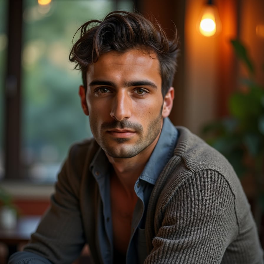 man with a relaxed vibe. He is wearing a stylish button-down shirt or knit sweater, with a warm, natural backdrop like a park or studio. The expression is friendly and confident, perfect for creators with a laid-back style