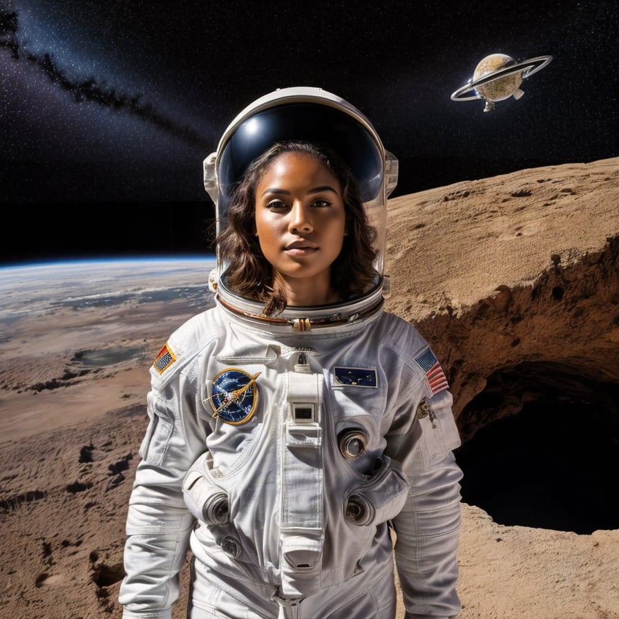 Heroic astronaut, white suit, Earth’s orbit backdrop, reflective visor.