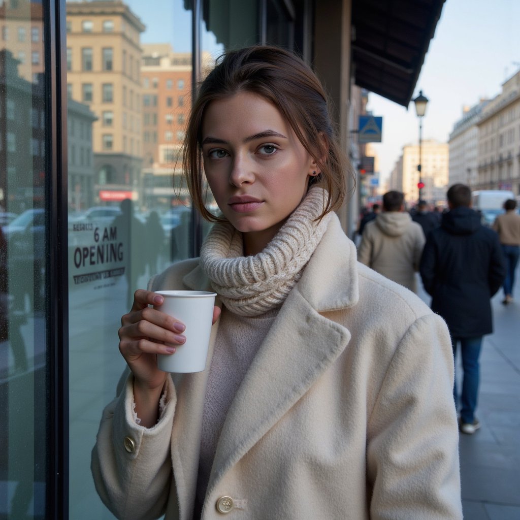 A woman (female) waist-up outdoors at dawn, standing near a sleek glass storefront with “Black Friday 6 AM Opening” posters faintly visible in soft focus. Hairstyle: messy low bun with loose tendrils, touched by early morning dew; makeup: light, natural glow, faint pink lips. Attire: cream wool coat with visible herringbone texture, thick knit scarf, and coffee cup in hand. Pose: calm expression, eyes slightly downward at cup, gentle exhale visible in cold air; no motion. Camera: 85mm, f/1.4, tight waist-up composition. Lighting: soft ambient dawn blue fill, golden rim from streetlamp behind; faint condensation visible on glass. Background: blurred store façade with subtle reflection of other people waiting; minimal clutter. Fabric detail: scarf yarn fibers, wool weave, condensation on coat shoulders. Highly detailed, highly realistic, HDR, high resolution.