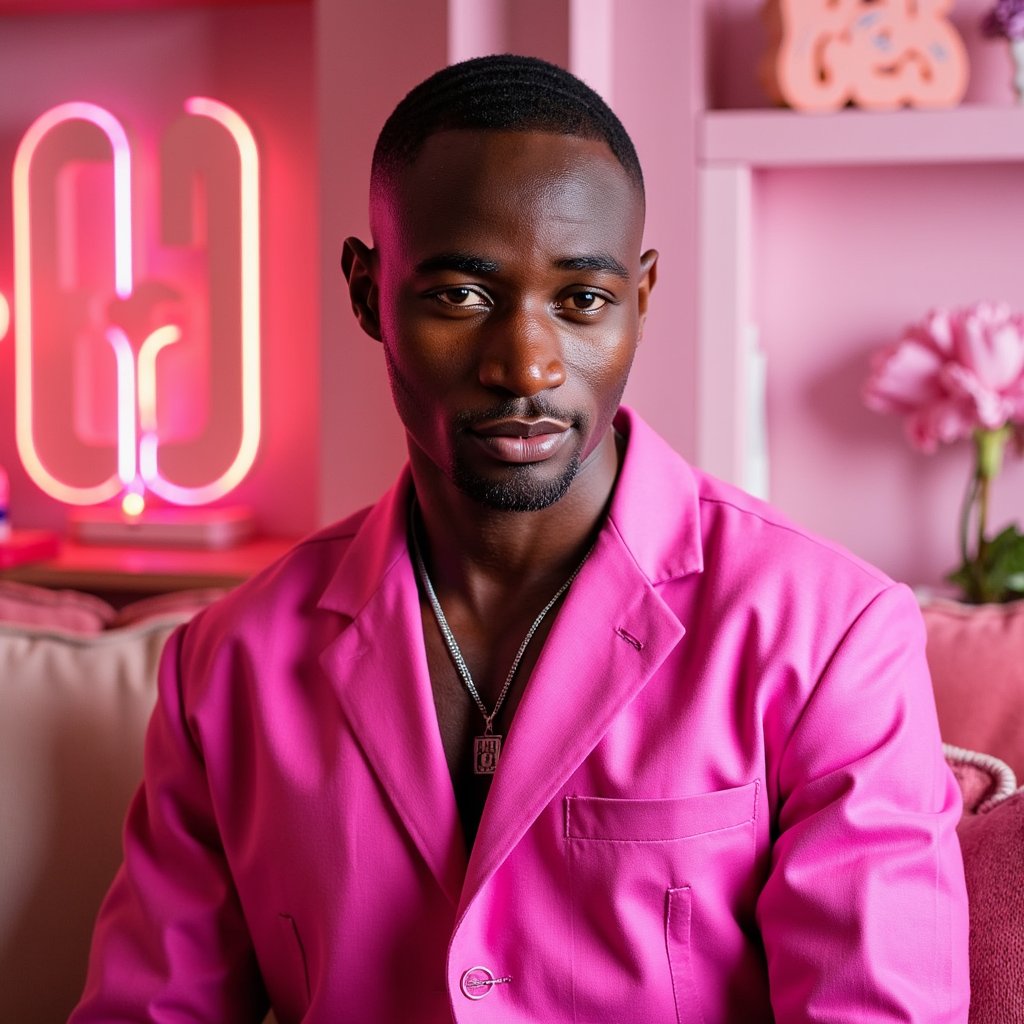 man in a vibrant, expressive look, styled with a bold pop-inspired aesthetic. The scene is infused with vivid pink tones, soft neon lighting, and nostalgic retro elements. His appearance is relaxed yet confident, channeling the mood of creative freedom and emotional uplift. The background features soft textures and playful graphic accents. Hyper-detailed, saturated colors, smooth lighting gradients, retro-modern vibe
