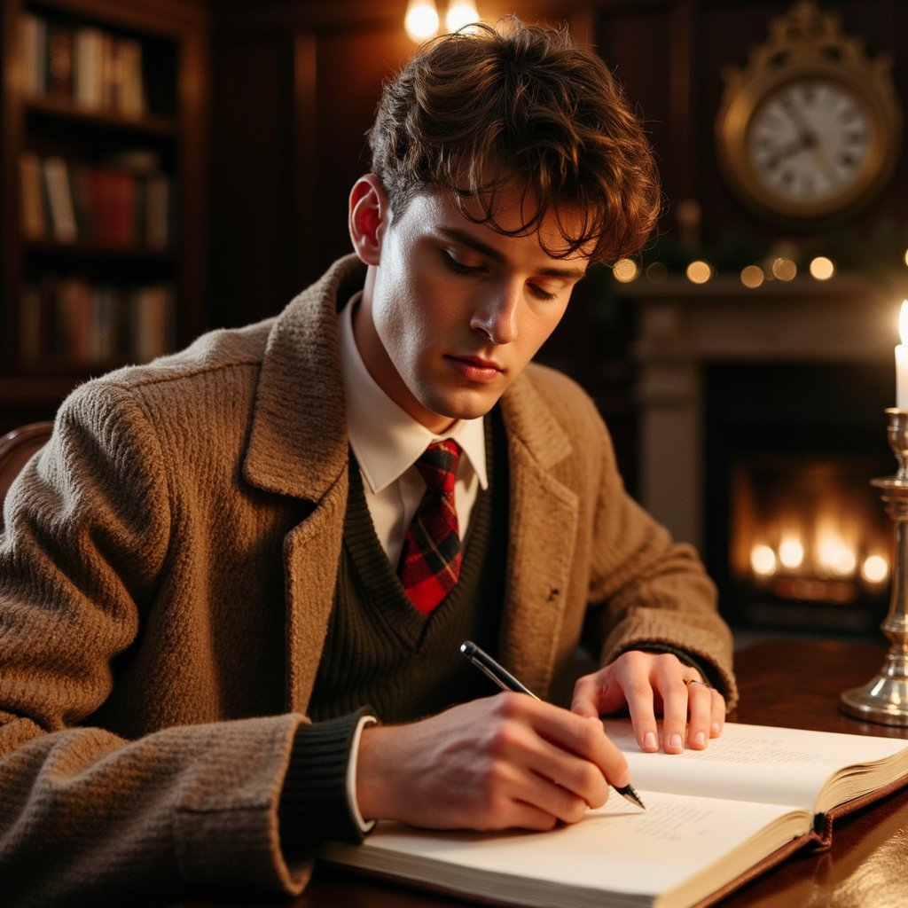 Man at a vintage mahogany desk writing in a leather-bound notebook, soft lamplight on his face. Hairstyle: side-part, slightly undone; faint stubble. Attire: thick wool cardigan over white oxford shirt, plaid tie loosened. Fabric details: wool knit definition, cotton creases, polished leather edge of notebook. Camera: side angle, 70mm, f/2.2. Lighting: single warm brass lamp key, shadows cast across hands and pages. Background: blurred bookshelves, clock, faint holiday garland—balanced composition. Pose: leaned forward, focused expression.
Render: highly detailed, highly realistic, HDR; light reflecting on ink pen, paper grain visible, lifelike ambiance.