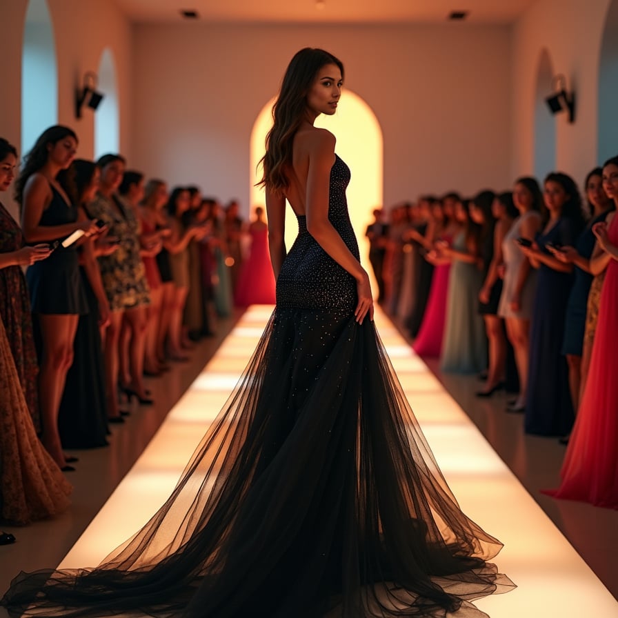 woman in a stunning, floor-sweeping evening gown, confidently strutting down a glamorous catwalk, surrounded by flashing cameras and a crowded audience, under the bright lights of a high-end fashion event.