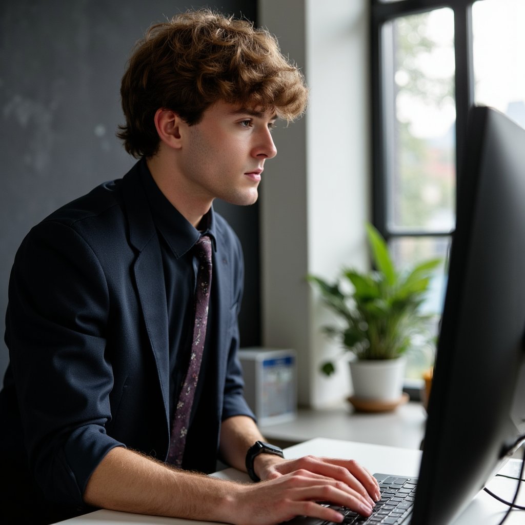 Highly realistic HDR candid portrait of a man software developer at a modern open desk; slim-fit navy oxford shirt, rolled sleeves, Apple Watch visible; tousled medium-length hair with side part. Camera: 35mm lens, f/2.8, ISO 400, waist-up, shot at slight ¾ angle. Lighting: natural daylight key from large window camera right, soft overhead LED fill; monitor glow adds faint rim on jawline. Pose: leaning forward typing, relaxed shoulders, focused expression. Background: blurred rows of standing desks and plants, clean lines, minimal clutter.