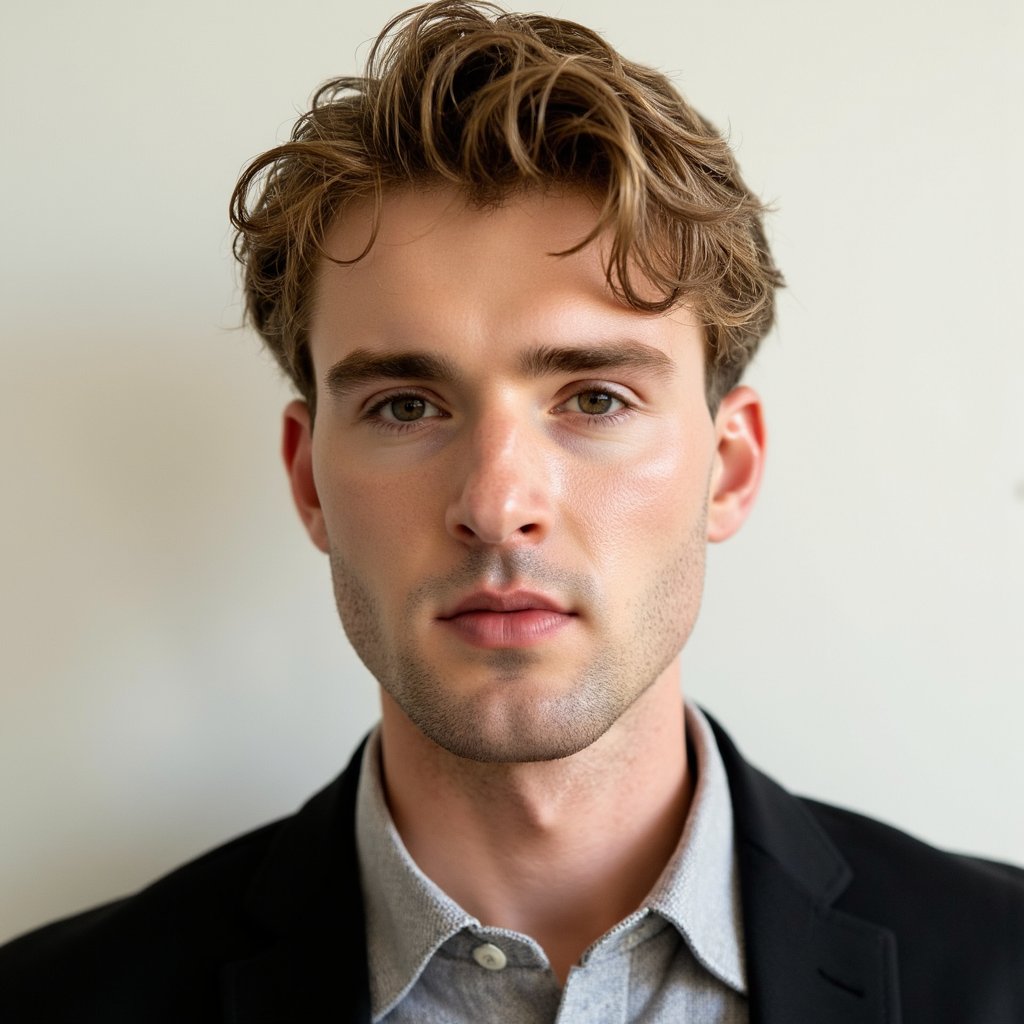 A highly detailed, highly realistic HDR headshot of a man in his mid-30s, photographed waist-up but framed tightly for passport use. He has sandy blonde hair styled neatly with a side part and a short stubble beard. He wears a light gray button-down shirt made of soft linen, with visible fiber patterns and natural folding. The lighting is warm and even, enhancing natural skin tones while avoiding shadows. Background is a smooth cream-colored studio backdrop with zero texture. Camera is straight at eye level, capturing a symmetrical, neutral, official expression. Micro-details such as linen texture, beard hairs, and subtle facial highlights are exceptionally crisp. Clean, calm, and very professional.