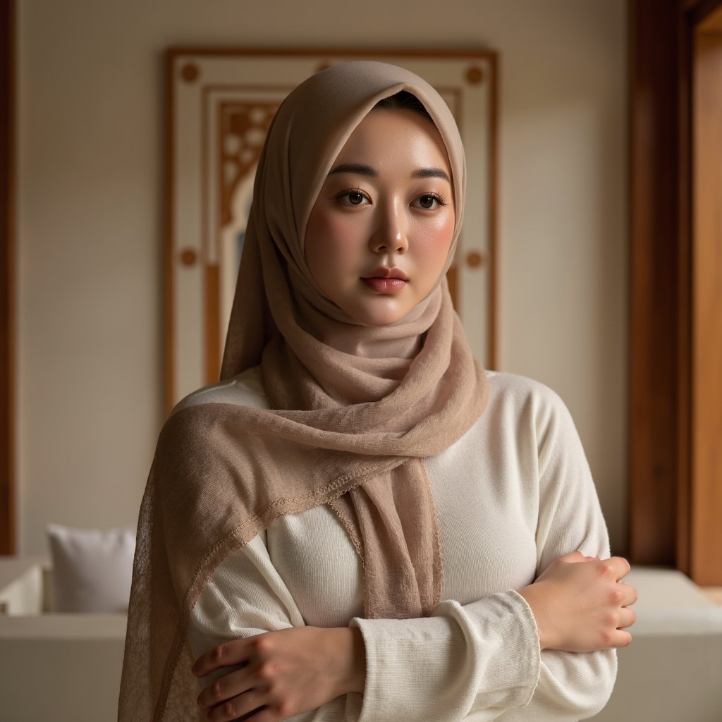 woman in a modest, graceful look, with her hair respectfully covered in a soft draped fabric. She is photographed in a warm, serene setting with soft lighting and gentle shadows that enhance her peaceful expression. The background features minimal Islamic design accents, softly blurred. Her appearance radiates quiet reverence and dignity. Hyper-detailed, soft tones, respectful styling, spiritual calm.
