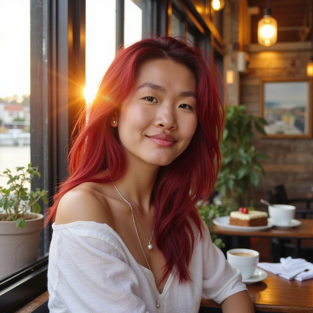 woman wearing a flowing, sheer white linen top, her shoulders gently exposed, revealing a delicate silver chain necklace with a small, iridescent pearl pendant. She is looking over her shoulder with a calm, relaxed smile, her loose curls cascading gracefully over one shoulder, catching the warm, golden light of a blurred sunset at the beach, creating delicate lens flare and realistic skin highlights on her cheek and collarbone in this side-profile close-up.